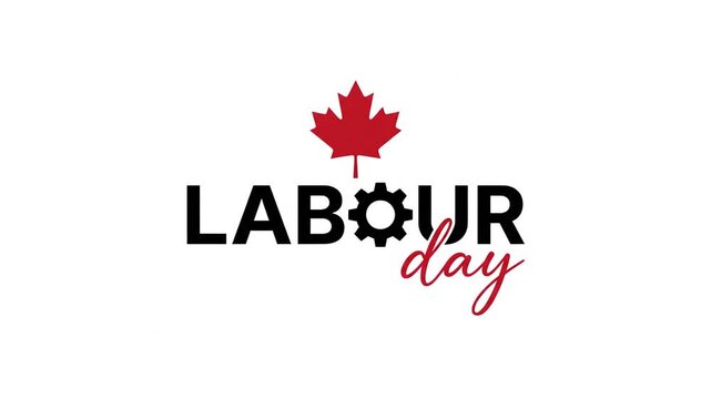 Canadian Labour Day typography with red maple leaf and gear symbol on white background