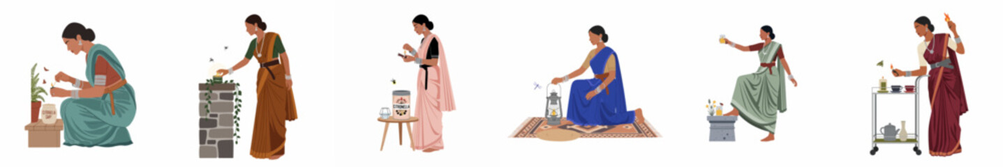 Fototapeta premium Collection of flat illustrations depicting an Indian woman in traditional sarees performing various everyday activities and household chores against a white background.