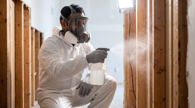 Technician applying antimicrobial treatment spray to an exposed wall stud during storm damage restoration