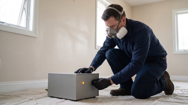 Technician operating an ozone machine to treat smoke odour in a room during storm damage restoration