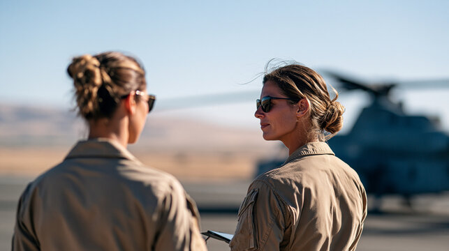Action-oriented stock photograph from the back showing female soldiers consulting a tablet near a parked military helicopter on a sunny airfield. Soft heat haze off the asphalt, sh