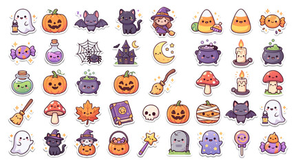 Fototapeta premium Cute Halloween stickers set with pumpkins, ghosts, and spooky icons in pastel colors