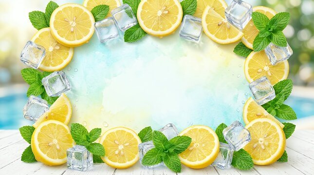Refreshing summer background with three dimensional lemon slices green mint leaves and frozen ice cubes forming a border frame with copy space lemon ice background summer fruit render mint frame