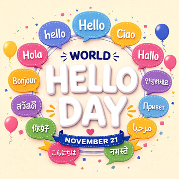 Colorful world hello day celebration with multilingual greetings and festive decorations vector illustration