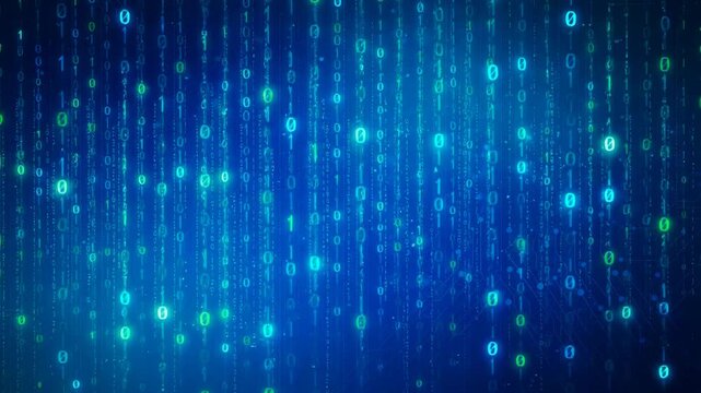 Futuristic digital rain of glowing binary code streams in deep blue virtual background animation
