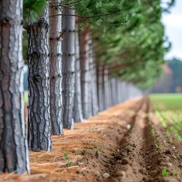 Serene forest path with tall pine trees and fallen leaves.