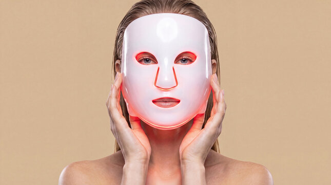 A woman in LED facial mask on a beige background. Cosmetology concept, and beauty device, woman advertising facial anti age lift products salon care tighten skin, isolated