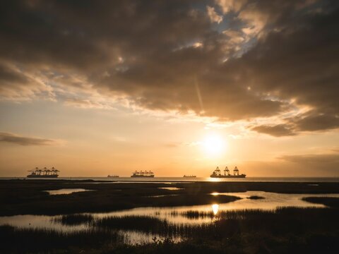 Cargo ships on horizon at sunset over coastal wetlands and tidal pools
