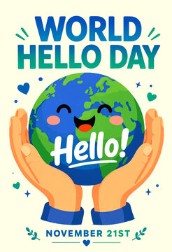 Cute smiling earth character with hands celebrating world hello day on november twenty first illustration