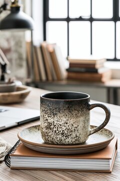 Closeup of ceramic mug with speckled glaze resting on a wooden desk in a stylish home office with books and natural light