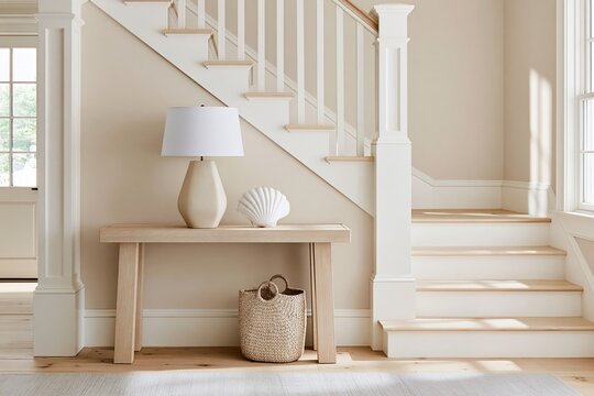 Modern Coastal foyer featuring bleached oak console table, scallop shell, and warm afternoon light illuminating the staircase