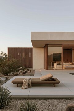 Low-slung woven outdoor lounger with a wool throw on a gravel terrace of a modern desert home at dusk with soft lighting