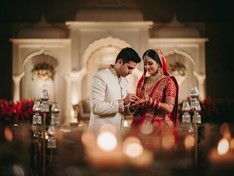 Indian wedding couple exchanging rings during traditional ceremony in luxury venue