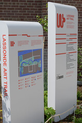 Fototapeta premium The Lassonde Art Trail (LAT) sign at Biidaasige Park, Port Lands, Toronto (near plaza of Old Firehall 30)