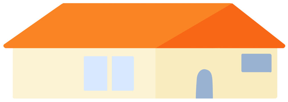 Wide single story house with orange roof vector illustration, residential real estate concept