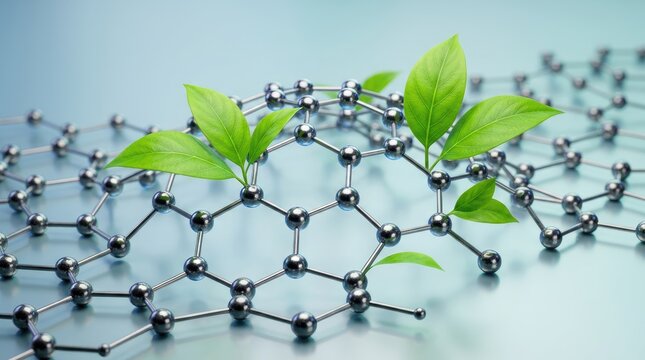 Green chemistry and sustainable nanotechnology concept with fresh leaves growing on a molecular graphene lattice structure in 3D