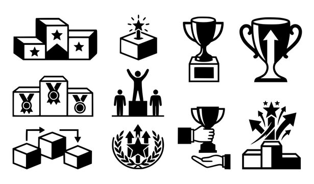 Winner Podium Trophy Championship Competition Ranking Award Black White Vector Symbols