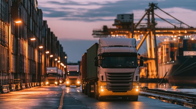 Industrial port scene at twilight with transport trucks moving along a road near shipping containers and a container crane