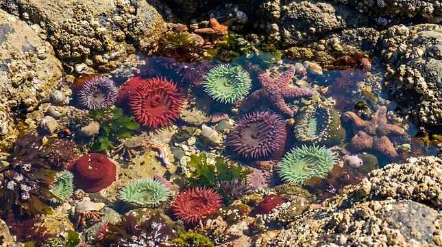 Colorful sea anemones in a rocky tide pool at low tide on the Pacific coast