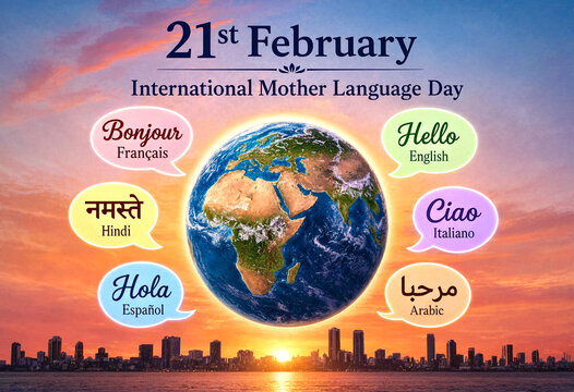 International mother language day celebration with globe and greetings in multiple languages illustration