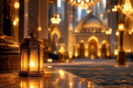 Ornate lantern glowing warmly in a beautifully illuminated mosque interior, evoking a serene and spiritual atmosphere during a holy celebration.
