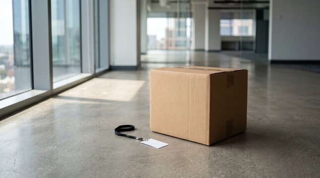 A single cardboard box sits on a polished concrete floor in a sunlit, empty modern office space with large windows.
