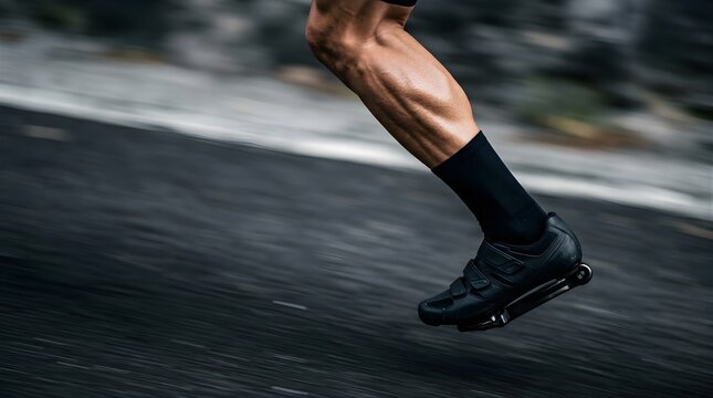 Cyclist pedaling road bike fast showing athletic leg and shoe in motion