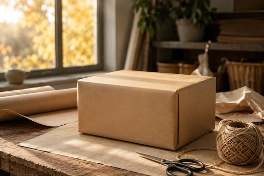 A brown cardboard box sits on a rustic wooden table with wrapping paper, scissors, and twine, bathed in warm sunlight from a window.