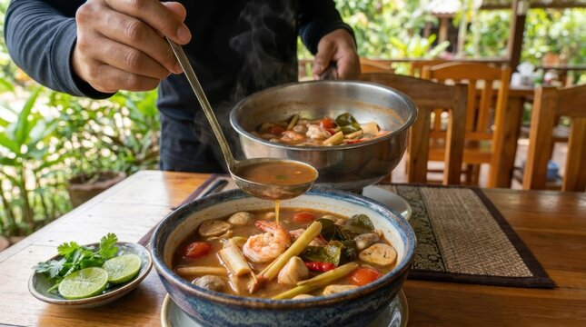 Chef serving hot spicy tom yum soup with shrimp and herbs in restaurant