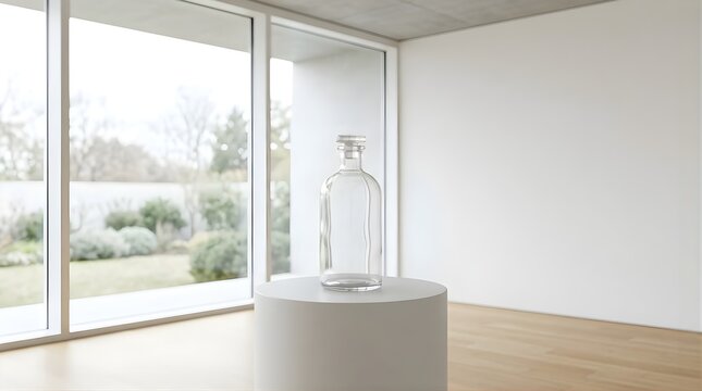 Empty glass bottle placed on a white pedestal in a bright modern room