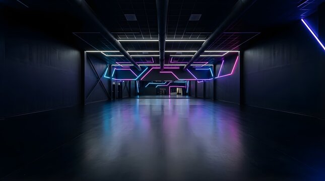 Empty modern studio with neon LED lighting for dance or fitness events