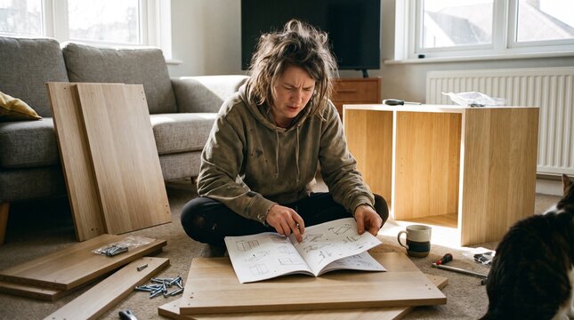 Assembling flat pack furniture with tools during home project