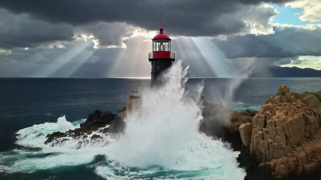 Watch ocean waves crash against lighthouse at coast with clouds and sunlight shining
