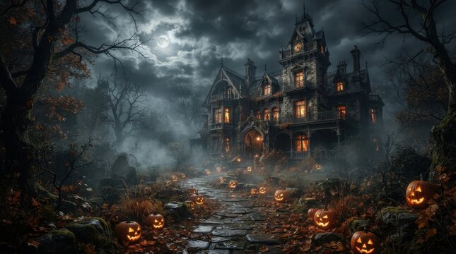 Spooky Haunted House in Dark Foggy Woods