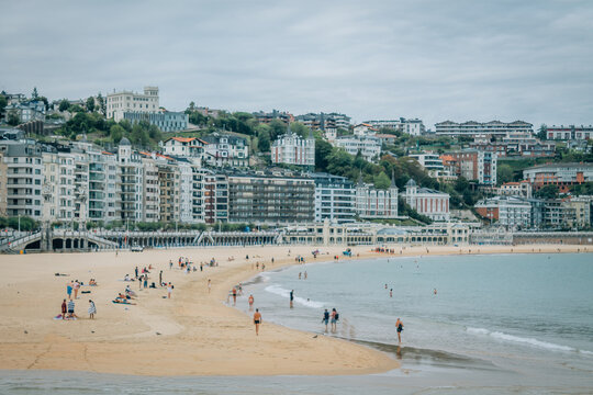 Scenic view of La Concha beach in San Sebastian, Basque Country, Spain