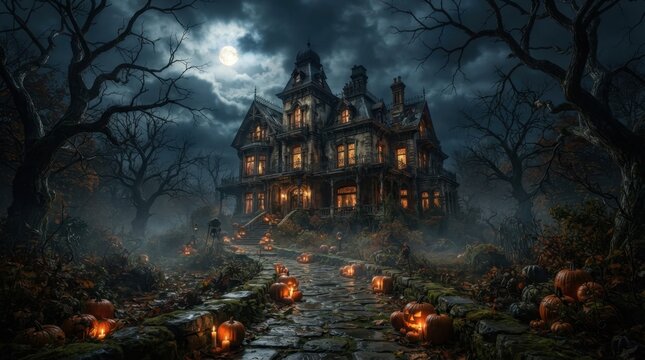 Haunted Mansion Under Moonlit Sky with Pumpkins