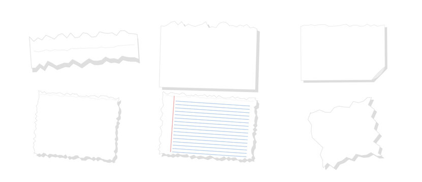 Ripped note paper set vector, assorted blank white torn paper banners, scraps and ruled sheets with rough hand torn edges for message and scrapbook design on transparent