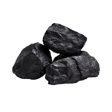 Three irregular, shiny black coal chunks with rough textures are clustered together.