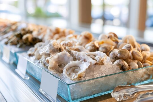 Raw oysters and clams on ice display for seafood market counter background and buffet presentation with tongs and labels
