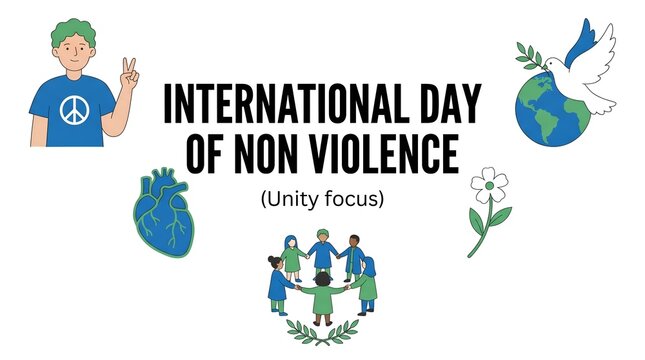 Graphic layout featuring the text INTERNATIONAL DAY OF NON VIOLENCE Unity focus surrounded by symbolic