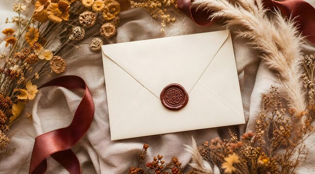 Autumn flat lay with blank envelope, wax seal and dried leaves