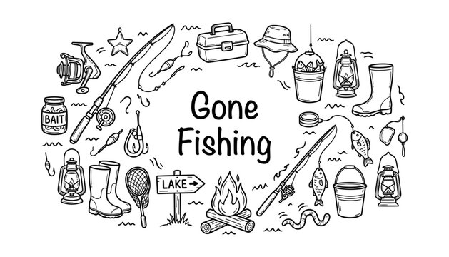 Gone fishing doodle vector design with hand drawn fishing gear camp elements and lettering