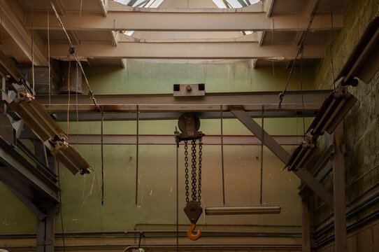 Abandoned old industrial textile research institute with laboratory chemistry glass, machinery workshop and factory hall