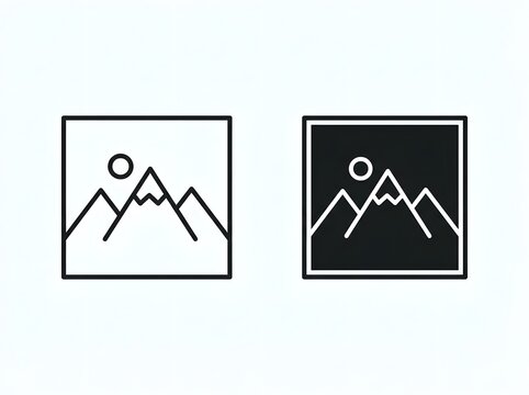 Minimalist mountain landscape icons set featuring a simple line art design and a solid silhouette style for user interface or digital graphic design projects