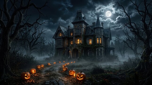 Eerie Haunted Mansion in Dark Foggy Woods