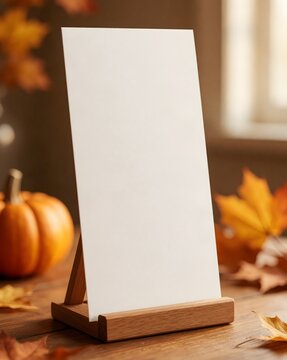Vertical blank paper display with pumpkins and autumn leaves