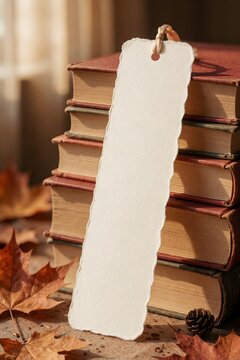 Torn blank paper mockup on vintage books with autumn leaves