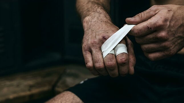 Male fighter wrapping white athletic tape around wounded knuckles in gym