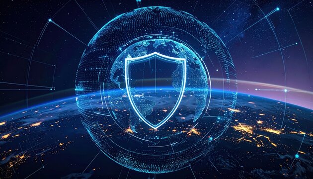 Abstract cybersecurity code forming a protective circular shield around a digital globe