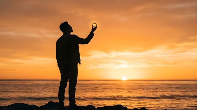 Man holding a crystal ball in silhouette against a golden sunset ocean